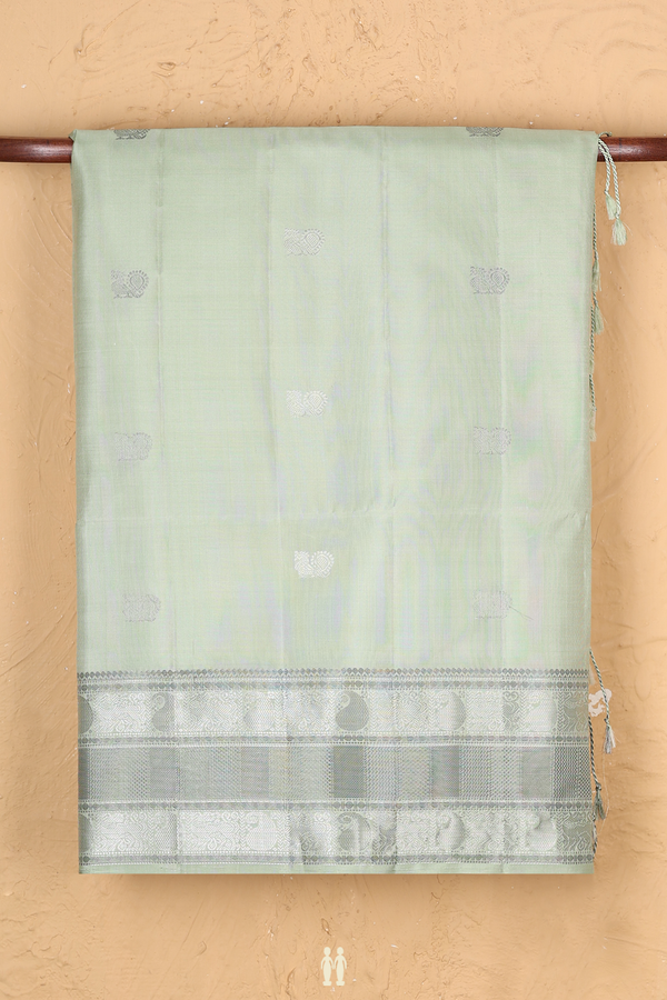 Soft Silk Saree In Pastel Green With Peacock Buttas