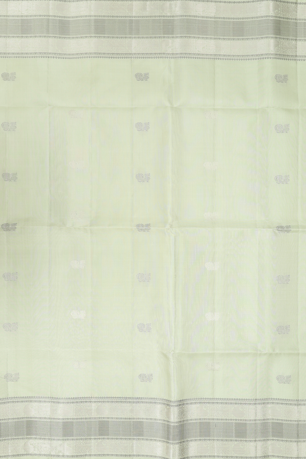 Soft Silk Saree In Pastel Green With Peacock Buttas