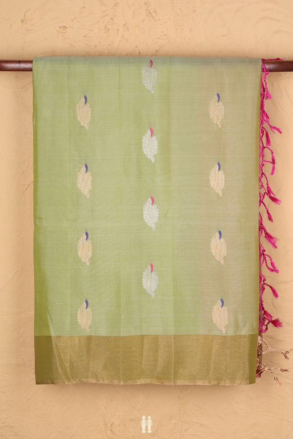 Soft Silk Saree In Sage Green With Zari Buttas