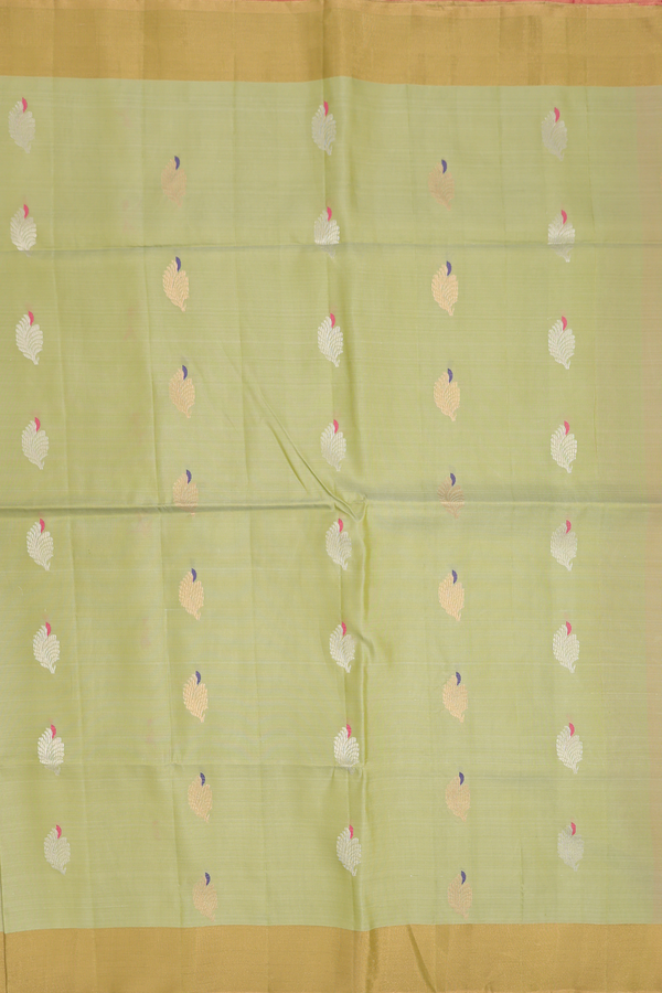 Soft Silk Saree In Sage Green With Zari Buttas