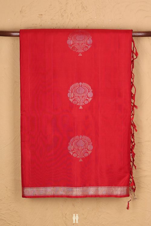 Soft Silk Saree In Scarlet Red With Zari Motifs