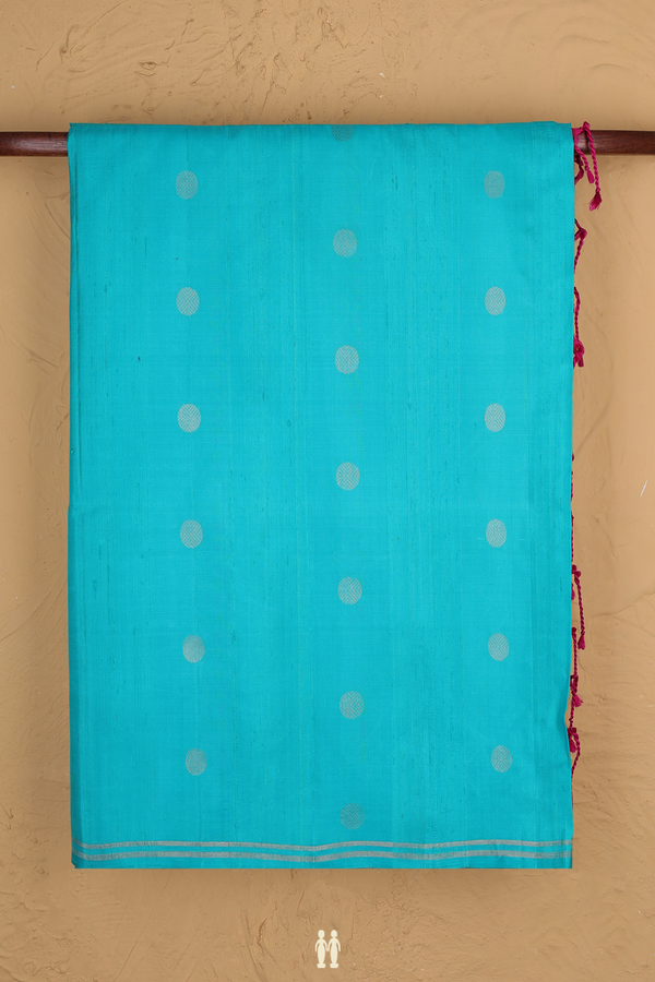 Soft Silk Saree In Sea Blue With Rudraksh Buttas