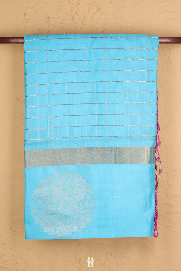 Soft Silk Saree In Sky Blue With Checks Design