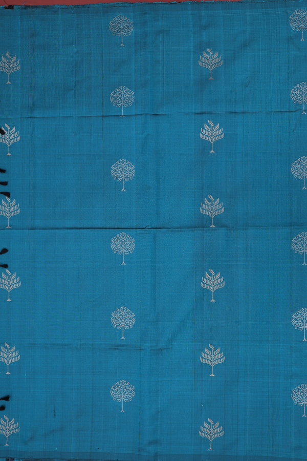 Soft Silk Saree In Teal Blue With Tree Buttas