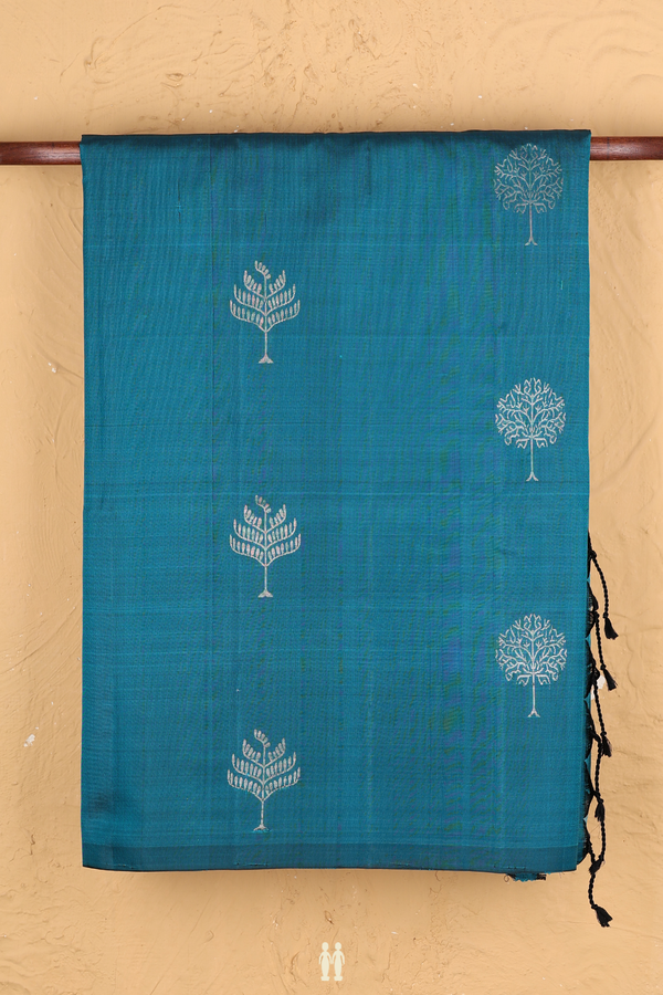 Soft Silk Saree In Teal Blue With Tree Buttas