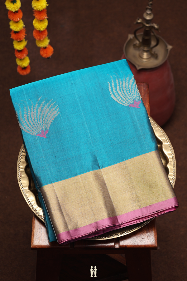 Soft Silk Saree In Teal Blue With Zari Motifs