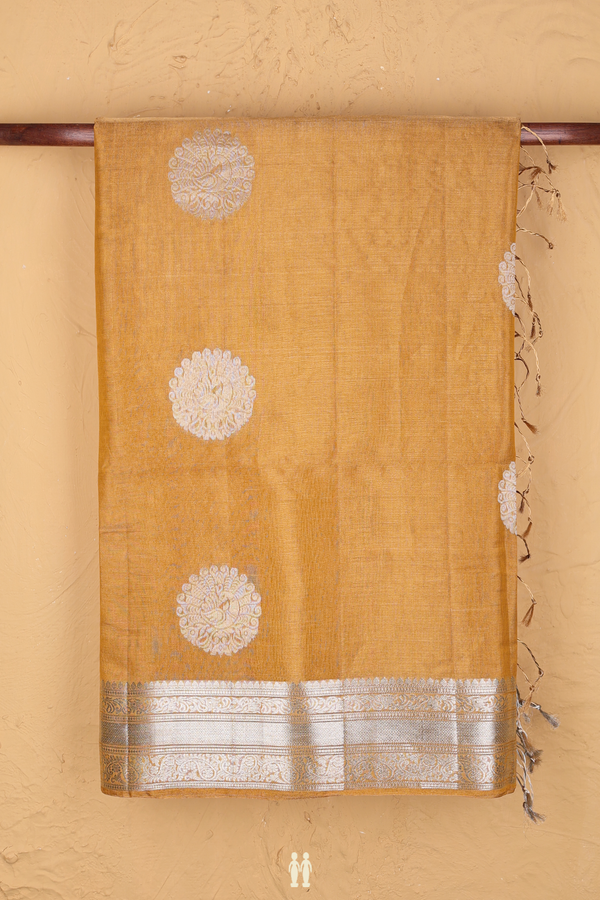 Soft Silk Saree In Tissue Golden Yellow With Peacock Motifs