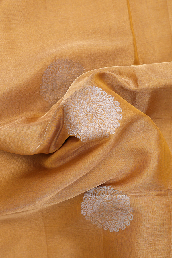 Soft Silk Saree In Tissue Golden Yellow With Peacock Motifs