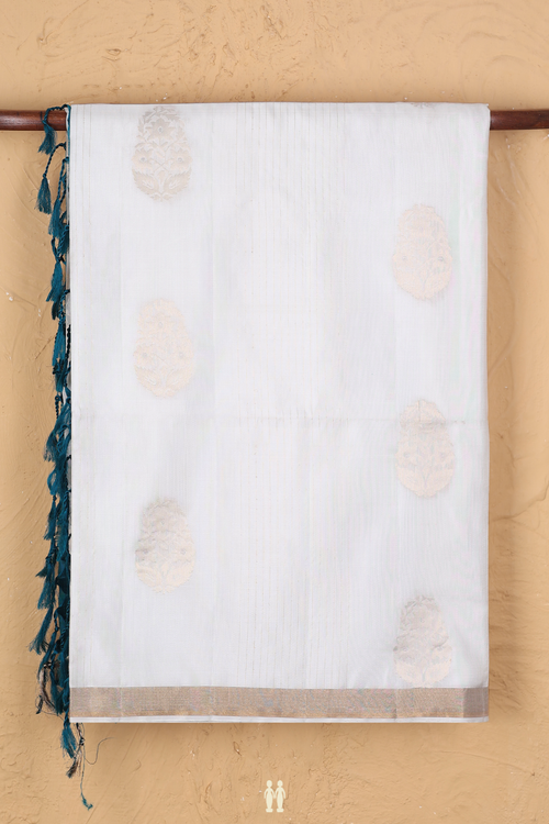 Soft Silk Saree In White Along Stripes With Buttas
