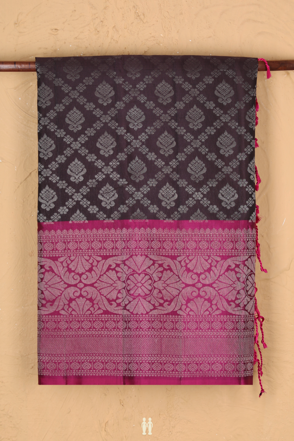 Soft Silk Saree In Dark Oak Brown With Diamond Design