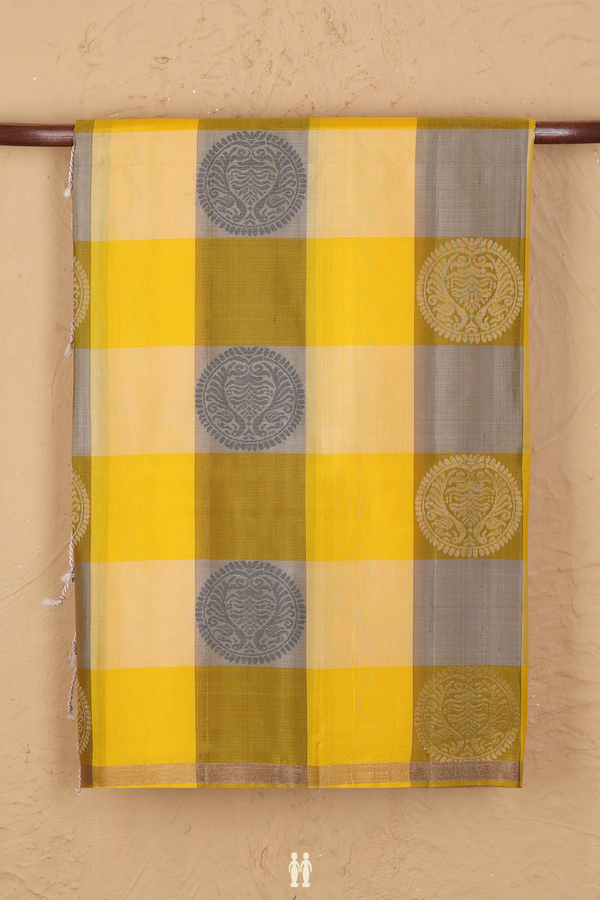 Soft Silk Saree In Yellow And Olive With Checks Design