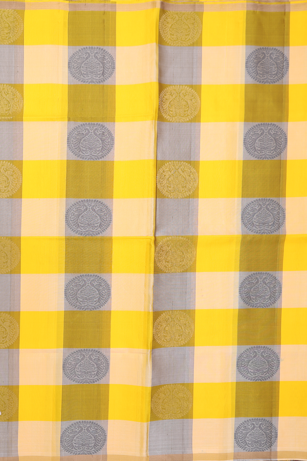 Soft Silk Saree In Yellow And Olive With Checks Design