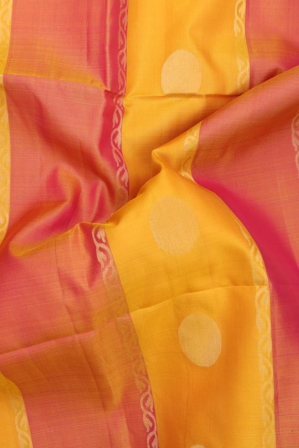 Soft Silk Saree In Yellow And Orange With Stripes Design