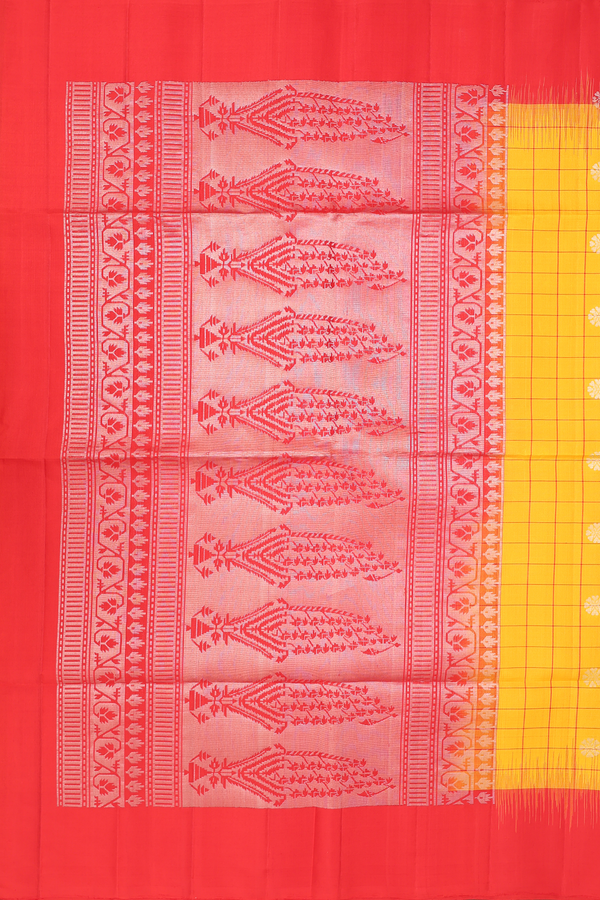 Soft Silk Saree In Yellow With Checks Design