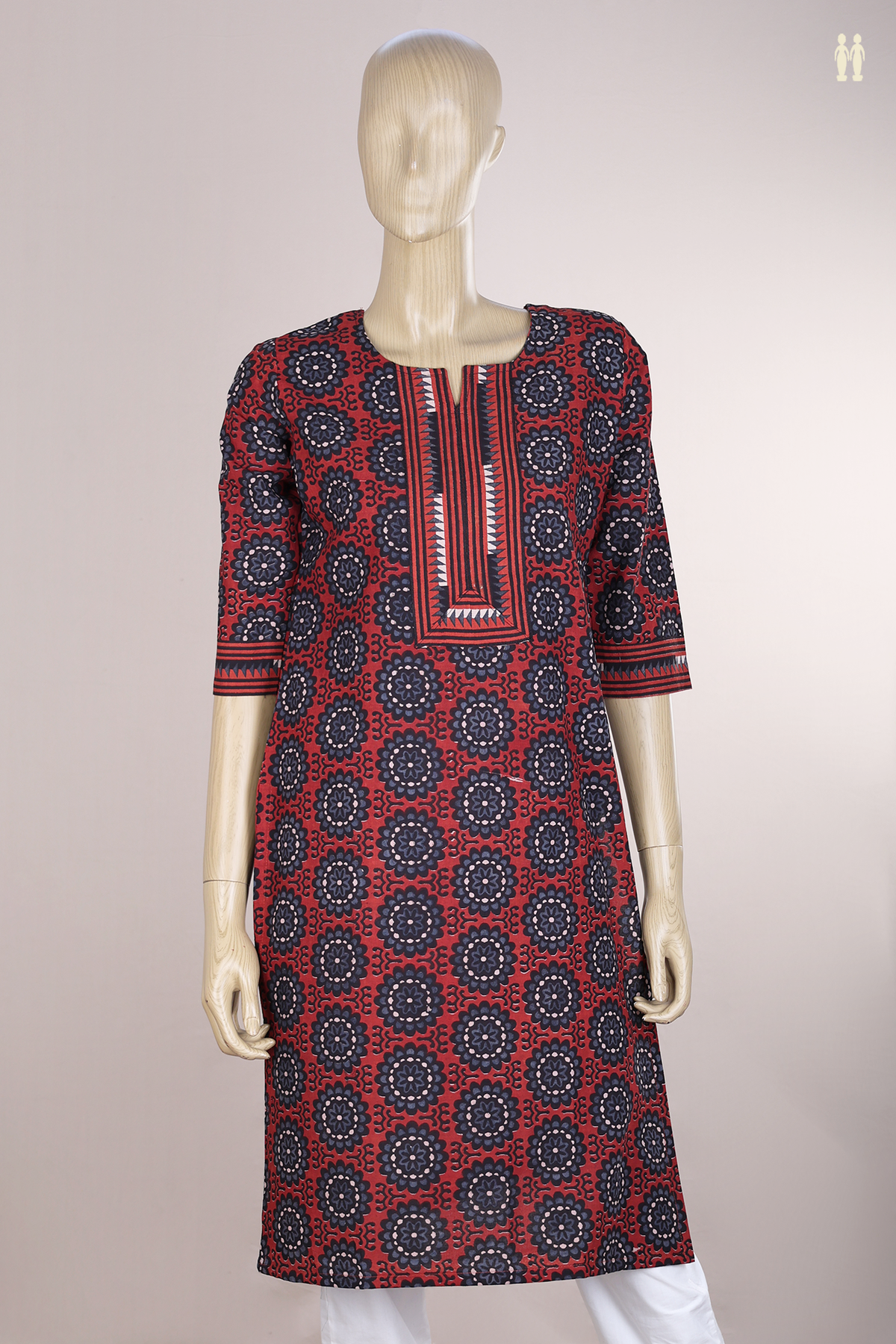 Split Neck Allover Design Crimson Red Cotton Long Kurta