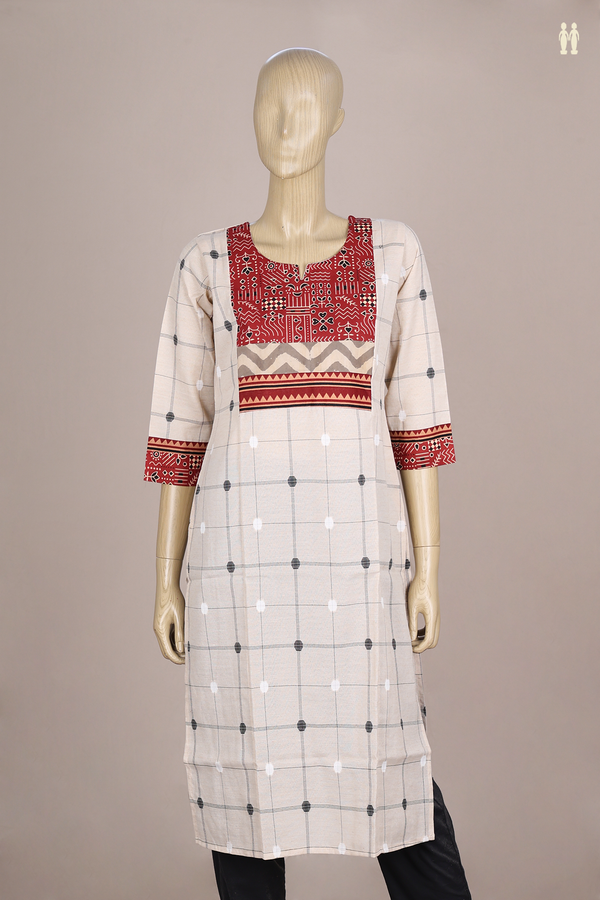 Split Neck Checks Design Beige Cotton Long Kurta
