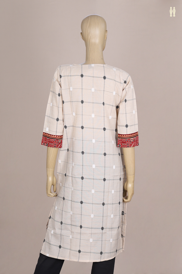Split Neck Checks Design Beige Cotton Long Kurta