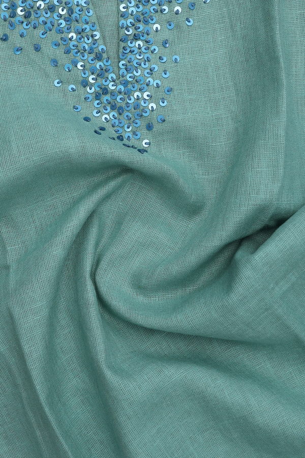 Split Neck Chamki Work Turkish Green Linen Cotton Long Kurta