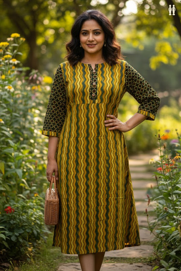 Split Neck Chevron Design Green And Yellow Cotton Long Kurta