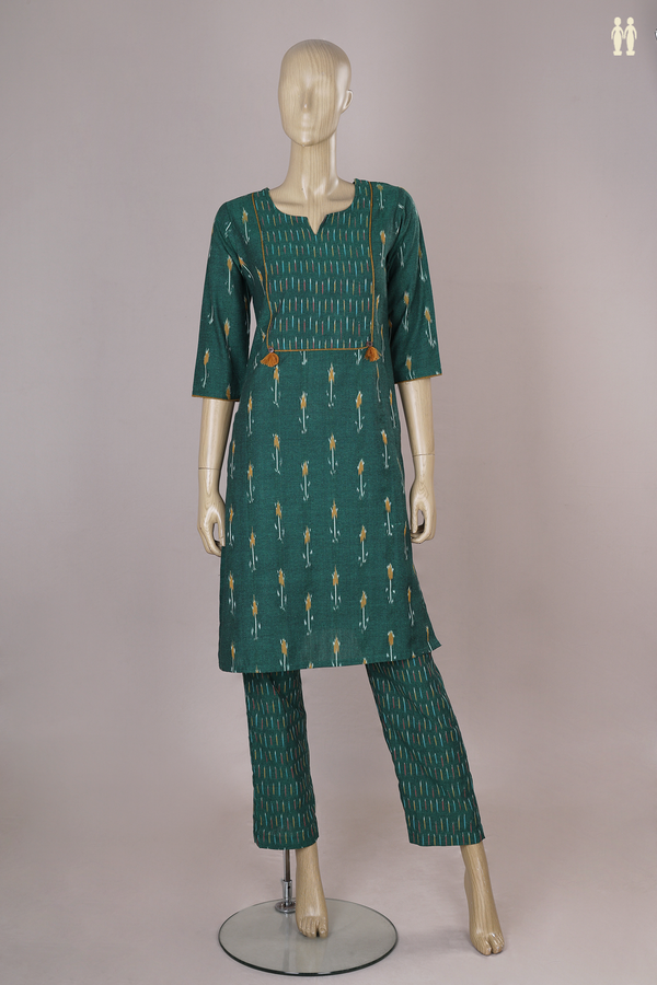 Split Neck Ikat Design Emerald Green Cotton Salwar Set