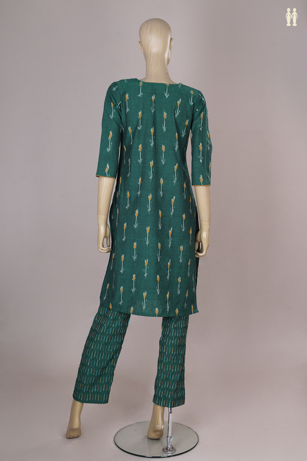 Split Neck Ikat Design Emerald Green Cotton Salwar Set
