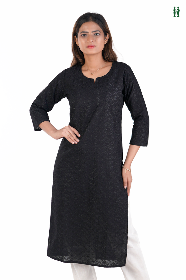 Split Neck Embroidered Design Black Cotton Long Kurta.
