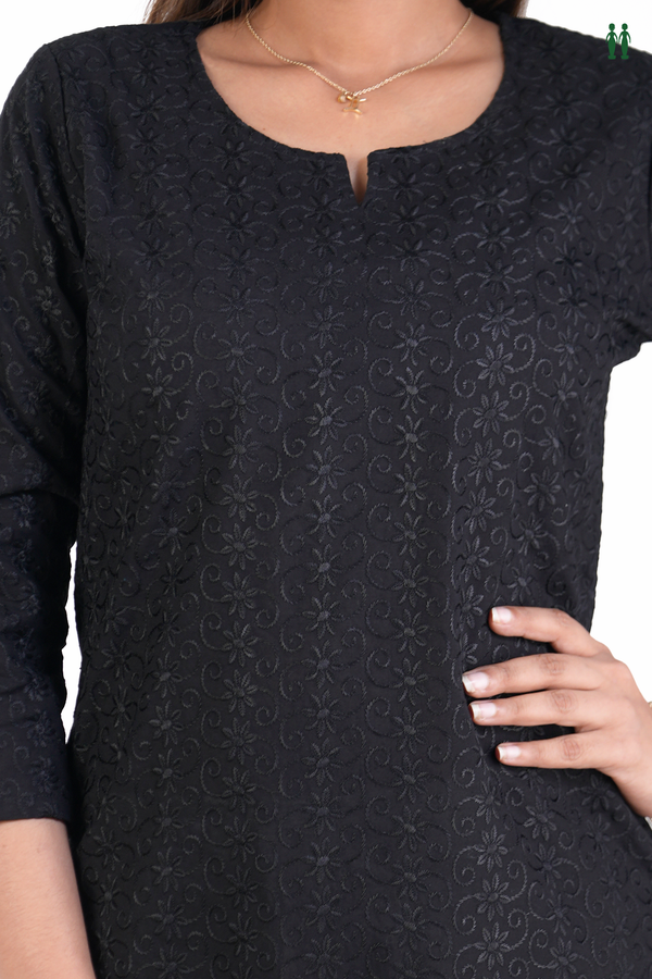 Split Neck Embroidered Design Black Cotton Long Kurta.