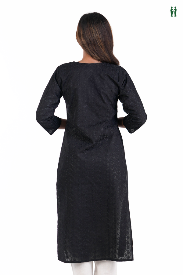 Split Neck Embroidered Design Black Cotton Long Kurta.
