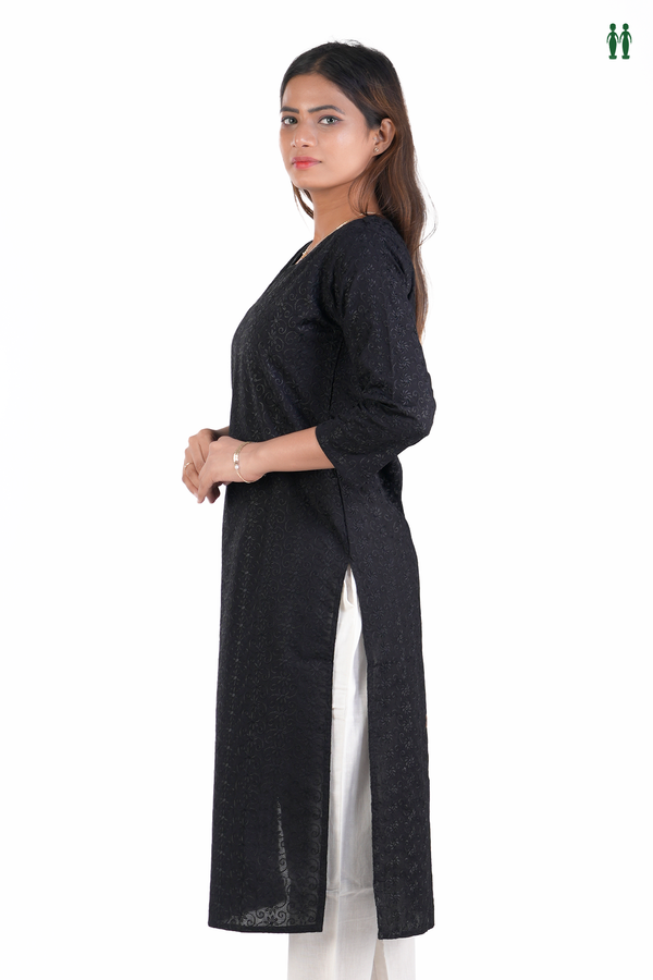 Split Neck Embroidered Design Black Cotton Long Kurta.