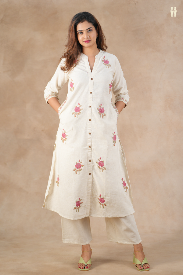 Mandarin Neck Embroidered Design White Cotton Salwar Set