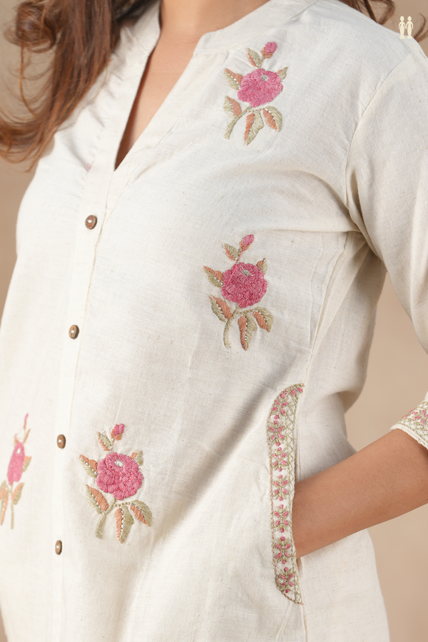 Mandarin Neck Embroidered Design White Cotton Salwar Set