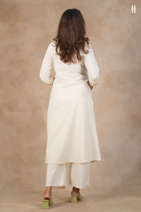 Mandarin Neck Embroidered Design White Cotton Salwar Set