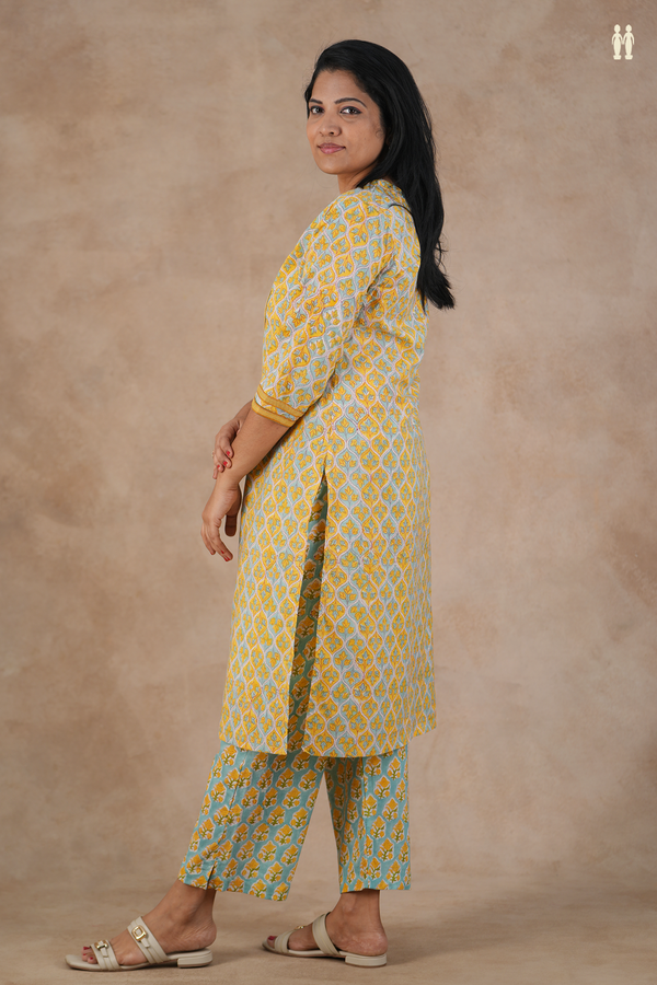 Split Neck Floral Design Blue And Yellow Cotton Salwar Set