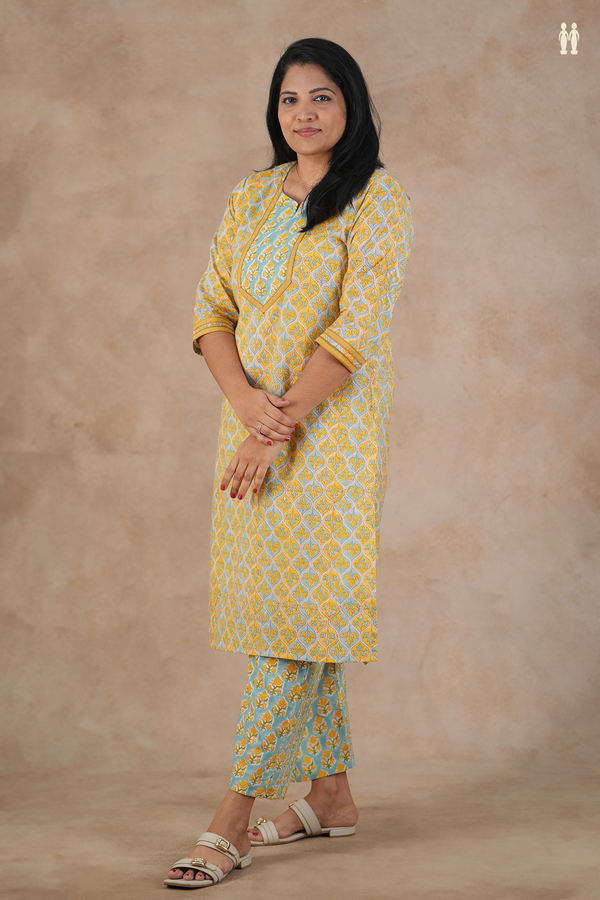 Split Neck Floral Design Blue And Yellow Cotton Salwar Set