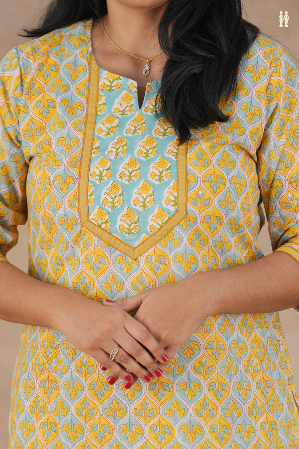Split Neck Floral Design Blue And Yellow Cotton Salwar Set