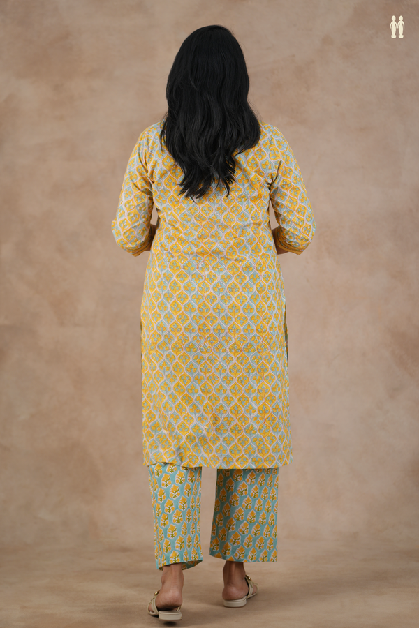 Split Neck Floral Design Blue And Yellow Cotton Salwar Set