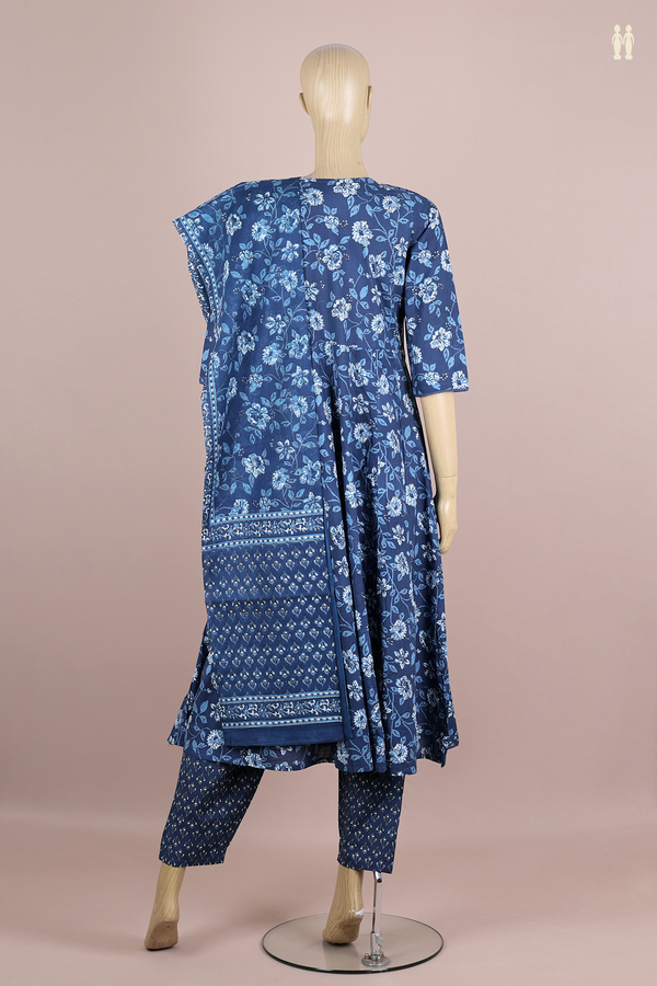 Split Neck Floral Design Blue Printed Cotton Salwar Set