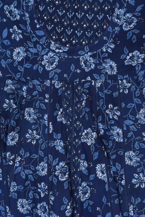 Split Neck Floral Design Blue Printed Cotton Salwar Set