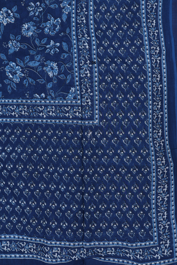 Split Neck Floral Design Blue Printed Cotton Salwar Set