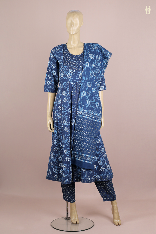 Split Neck Floral Design Blue Printed Cotton Salwar Set