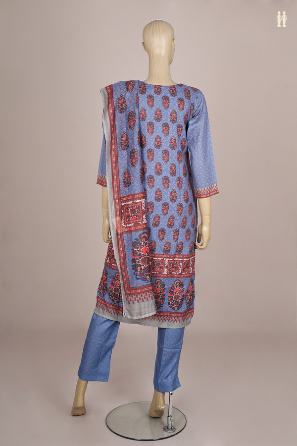 Split Neck Floral Design Blue Semi Silk Salwar Set