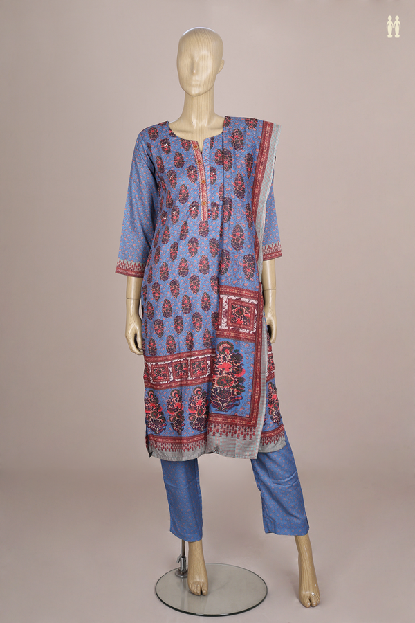 Split Neck Floral Design Blue Semi Silk Salwar Set