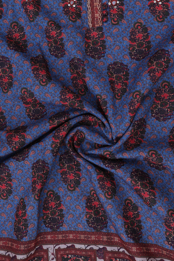 Split Neck Floral Design Blue Semi Silk Salwar Set