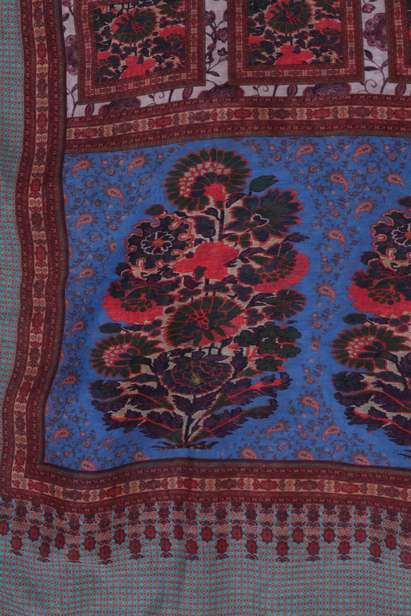 Split Neck Floral Design Blue Semi Silk Salwar Set