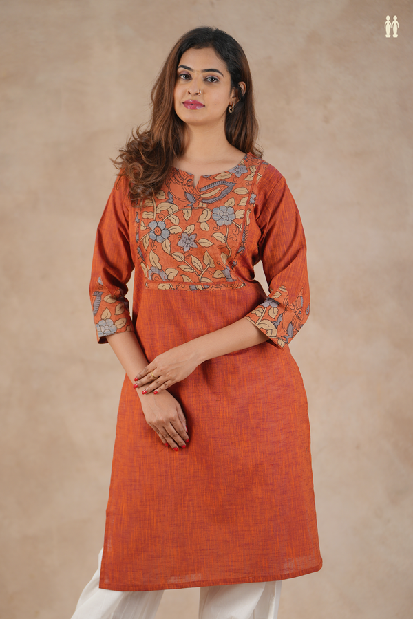 Split Neck Floral Design Brick Red Cotton Long Kurta