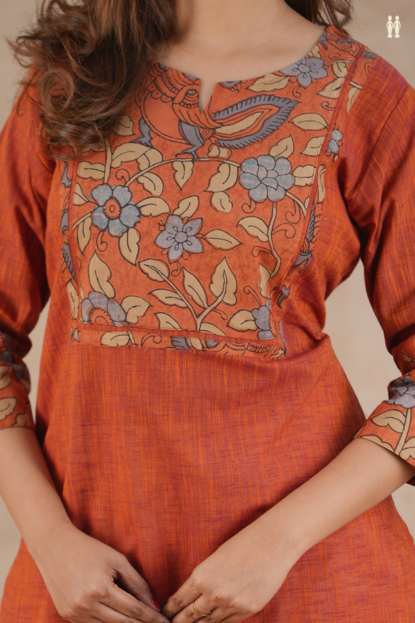 Split Neck Floral Design Brick Red Cotton Long Kurta