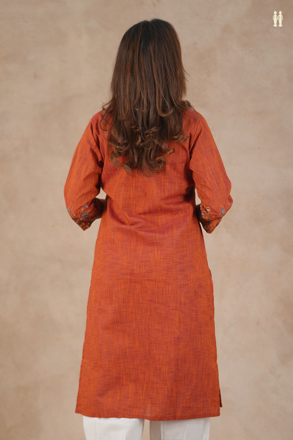 Split Neck Floral Design Brick Red Cotton Long Kurta