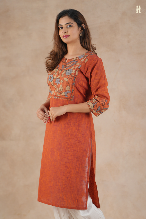 Split Neck Floral Design Brick Red Cotton Long Kurta