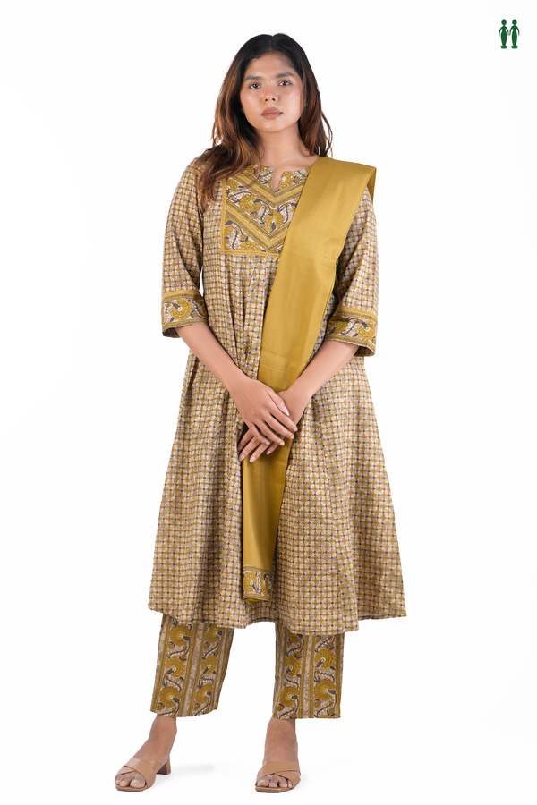 Split Neck Floral Design Brown Cotton Salwar Set