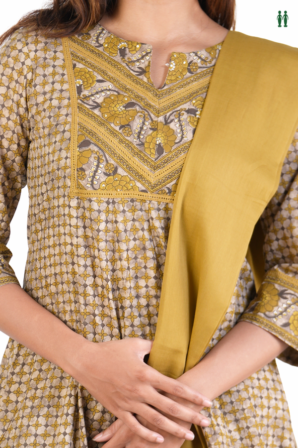 Split Neck Floral Design Brown Cotton Salwar Set